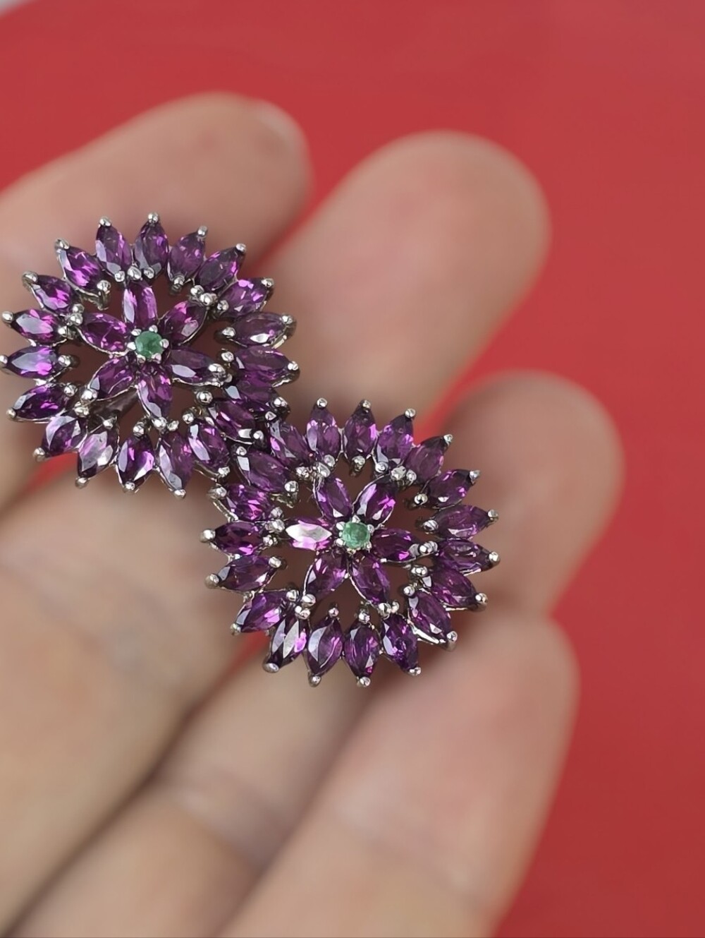 925 Sterling Silver Earrings 2.2cm with Natural Rhodolite Garnet & Emerald Gem